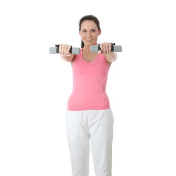 Beautiful young woman doing exercise with dumb bells , isolated