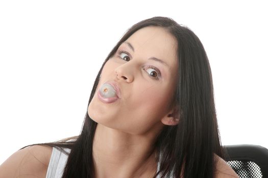 Young beautiful caucasian woman eating litchi fruits, isolated on whiet background