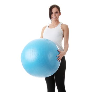 Young happy woman doing fitness exercise, isolated on white