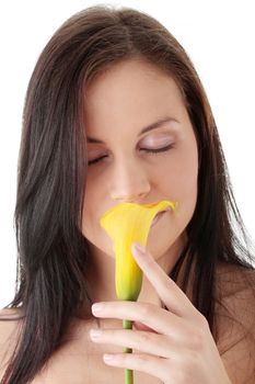 Young woman with calla isolated on white