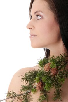 Fresh air concept. Nude woman with branch of fir tree