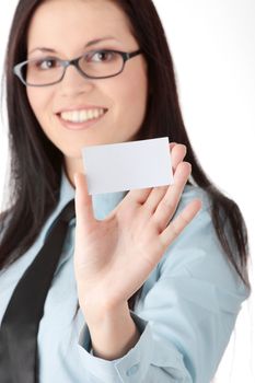 Young business woman with business card, isoalted on white