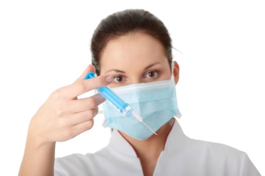 Young nurse in mask with syringe, isolated on white background
