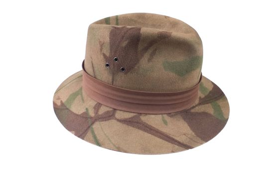 Camouflage felt fedora style hat with hatband isolated on a white background
