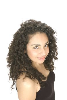 young Hispanic woman glancing to side isolated on white