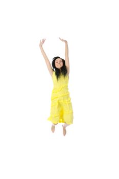 Young happy woman jumping. Isolated on white background
