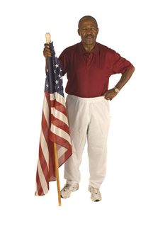 African American senior citizen patriot with flag isolated over white