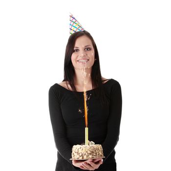 Beautiful young woman with birthday cake isolated on white background