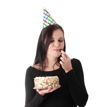 Beautiful young woman with birthday cake isolated on white background
