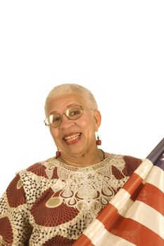 female African American patriot with flag isolated over white