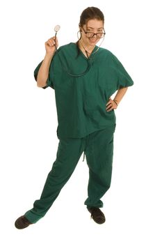 female nurse or doctor with chart and stethoscope around neck,  isolated on white