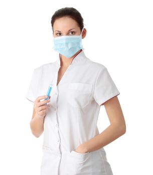 Young nurse in mask with syringe, isolated on white background