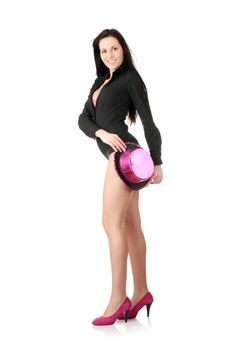 Sexy young carnival dancer with pink hat isolated on white background