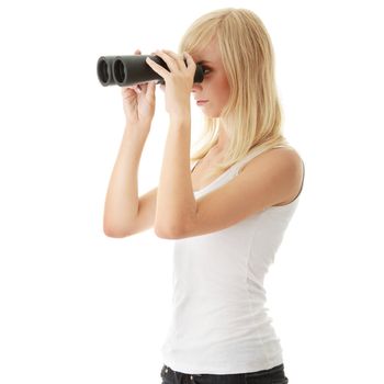 Teen girl with binoculars, isolated on white