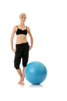 Young woman doing exercise, isolated on white