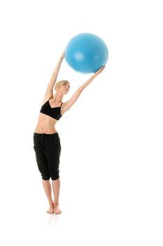 Young woman doing exercise, isolated on white