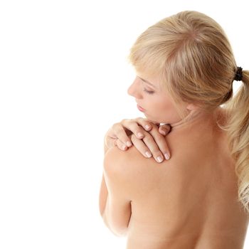 Back pain concept (shoulder pain) isoalted on white