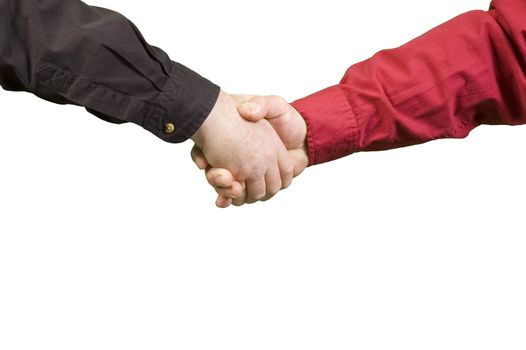 Handshake between two men over a white background