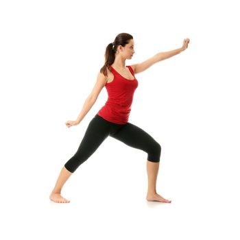 Young woman doing yoga exercise, isolated on white