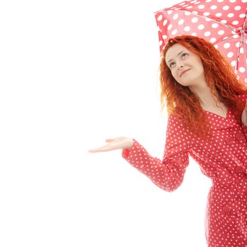 Rainy woman in red, isolated on white background