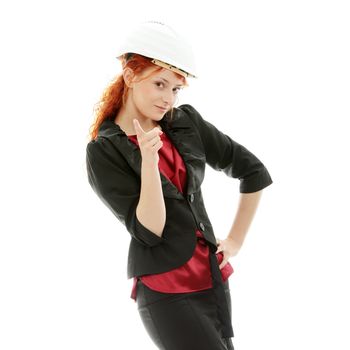 Portrait of confident female worker in helmet isolated on white background