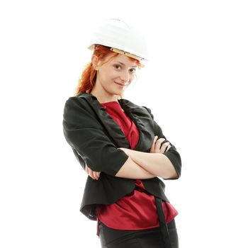 Portrait of confident female worker in helmet isolated on white background