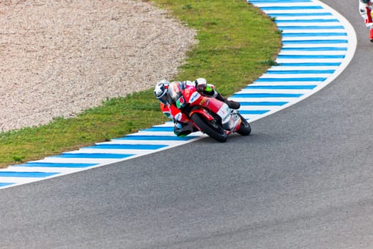 JEREZ DE LA FRONTERA, SPAIN - MAR 5: Moto2 motorcyclist Miguel Oliveira takes a curve in the MotoGP Official Trainnig on Mar 5, 2011 in Jerez de la Frontera, Spain