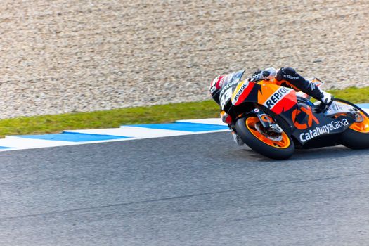 JEREZ DE LA FRONTERA, SPAIN - MAR 5: Moto2 motorcyclist Marc Marquez takes a curve in the MotoGP Official Trainnig on Mar 5, 2011 in Jerez de la Frontera, Spain