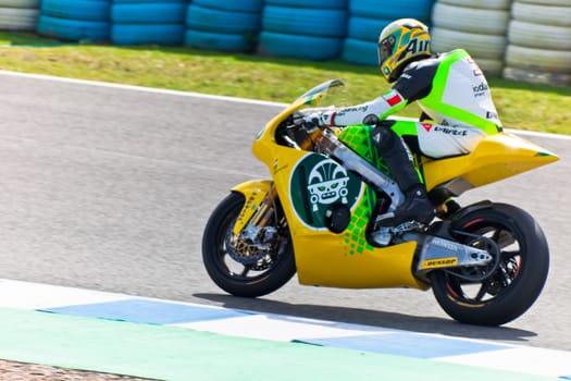 JEREZ DE LA FRONTERA, SPAIN - MAR 5: Moto2 motorcyclist Simone Corsi races in the MotoGP Official Trainnig on Mar 5, 2011 in Jerez de la Frontera, Spain