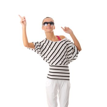 Teen woman dancing, white background