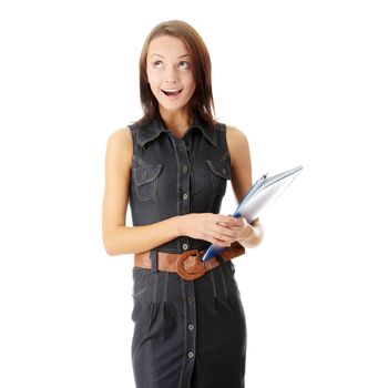 Female university student smiling and carrying some notebooks - isolated over a white background