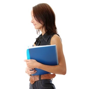 Female university student smiling and carrying some notebooks - isolated over a white background