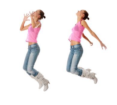 Jumping girl in jeans and pink shirt isolated on white background