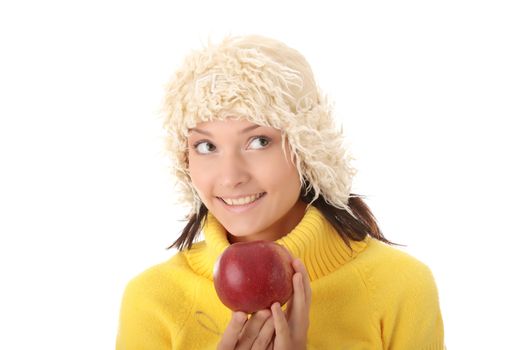 Autumn teen woman with red apple isolated on white background