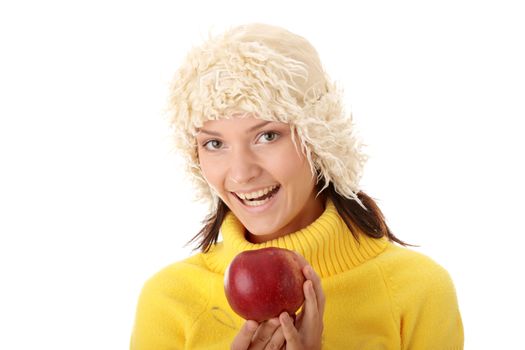 Autumn teen woman with red apple isolated on white background