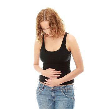 Woman with stomach issues isolated on white background