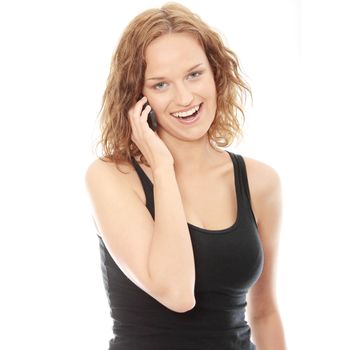 Young caucasian woman is calling with a mobile phone isolated