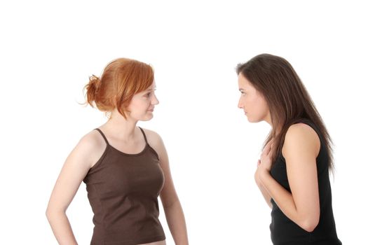 Two young womans talking isolated on white background