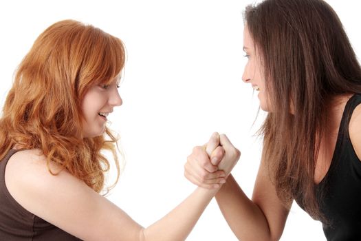 Two womans hands fight, isolated on white background