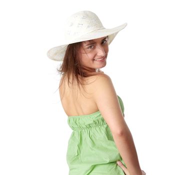 Summer teen girl in big hat, isolated on white background