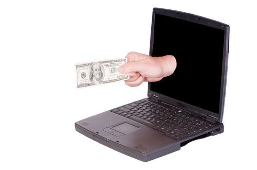 Laptop Computer with hand coming out of the screen holding a one hundred dollar bill, suggesting earning money with your computer, paypal payment, cash for your old computer