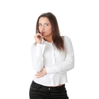 Businesswoman with pen isoalated on white background