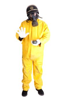 Policeman in Hazmat clothing with gieger counter isolated over white background