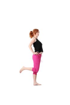 Redhead exercising yoga, isolated on white background