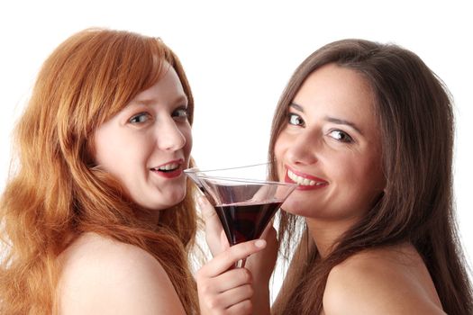 Two party girls with drinks, isoalted on white background