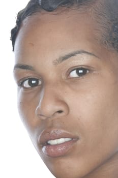 Beautiful black woman in closeup and isoalted on white
