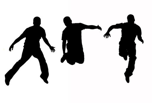 hi con silhouette of young African American man leaping in air isolated on white