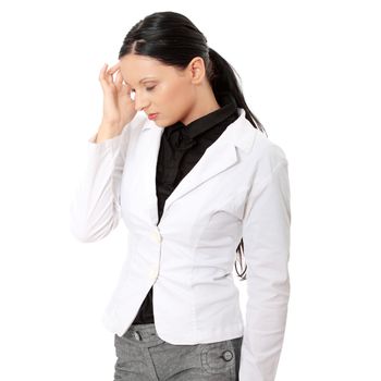 Young business woman with headache, isolated on white background