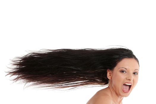 Woman with long hairs isolated on white background