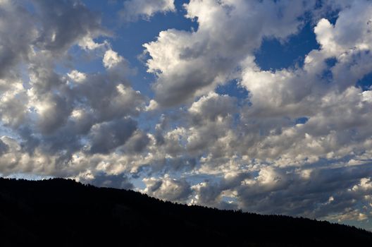 Clouds above a forested ridge in morning light, Grand Teton National Park, Wyoming, USA